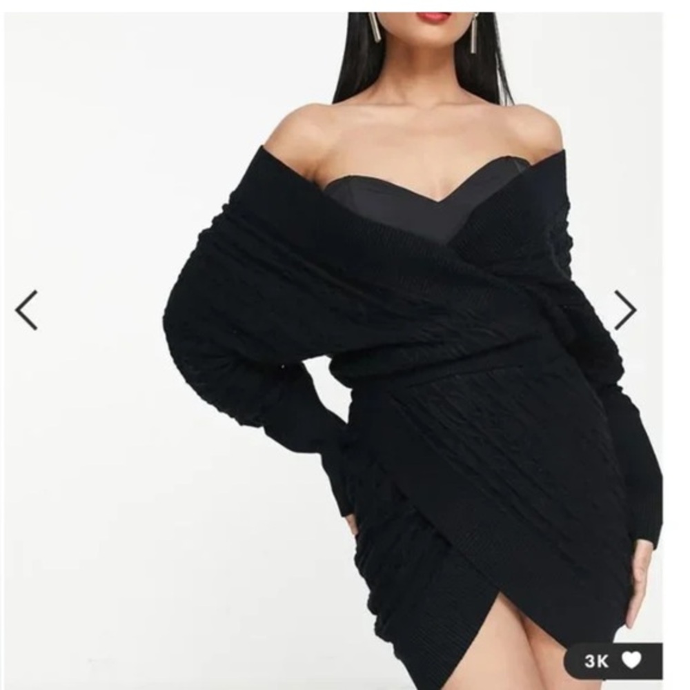NWT ASOS Design Knit Off Shoulder Wrap Mini Dress with Corset Bodice Sz 0 Black